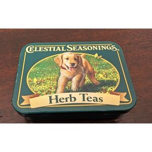 Vintage Celestial Seasonings Herb Teas Mini Tin Puppy Dog Labrador Hinged Box